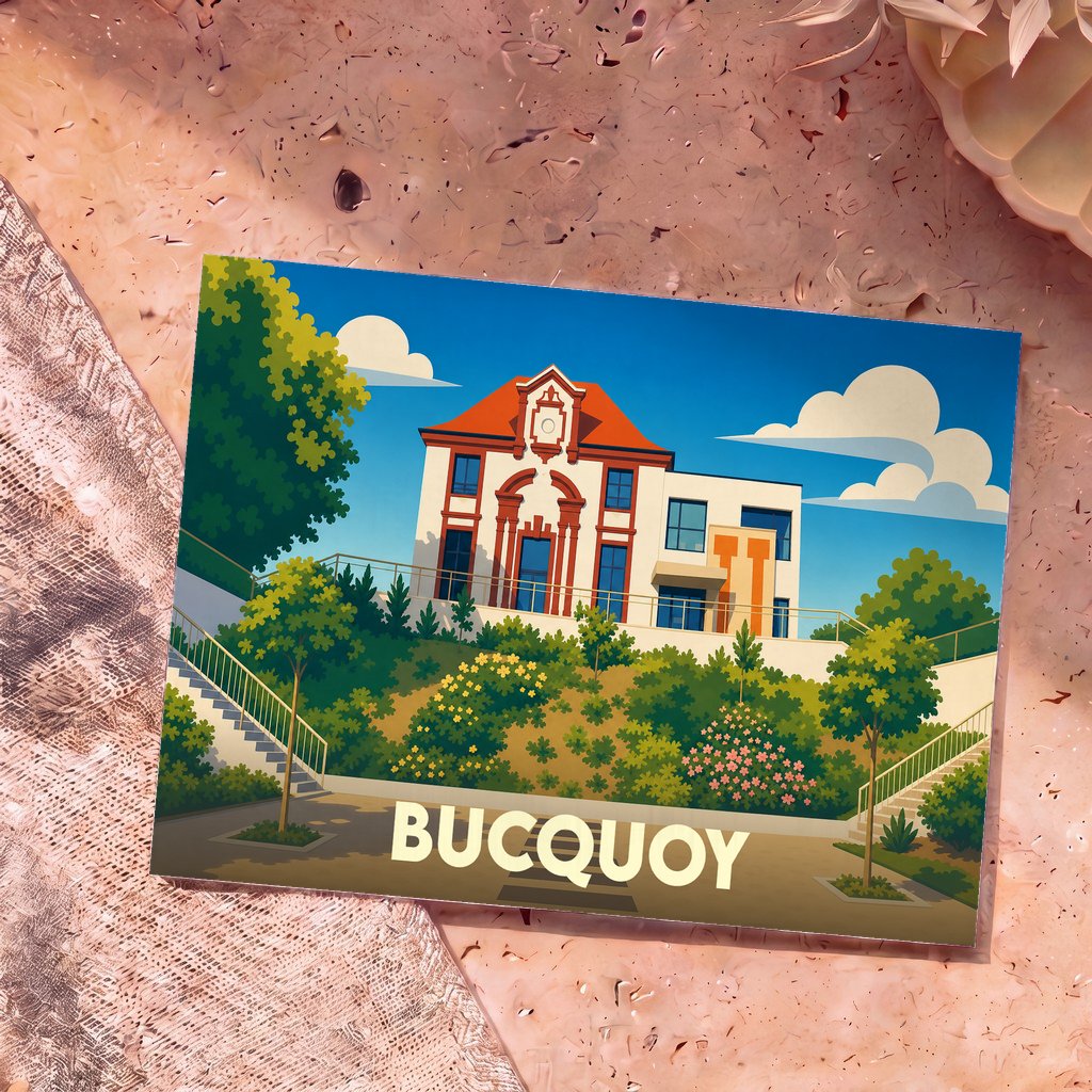 Carte postale souvenir de la ville de Bucquoy avec une illustration colorée et stylisée de son architecture.