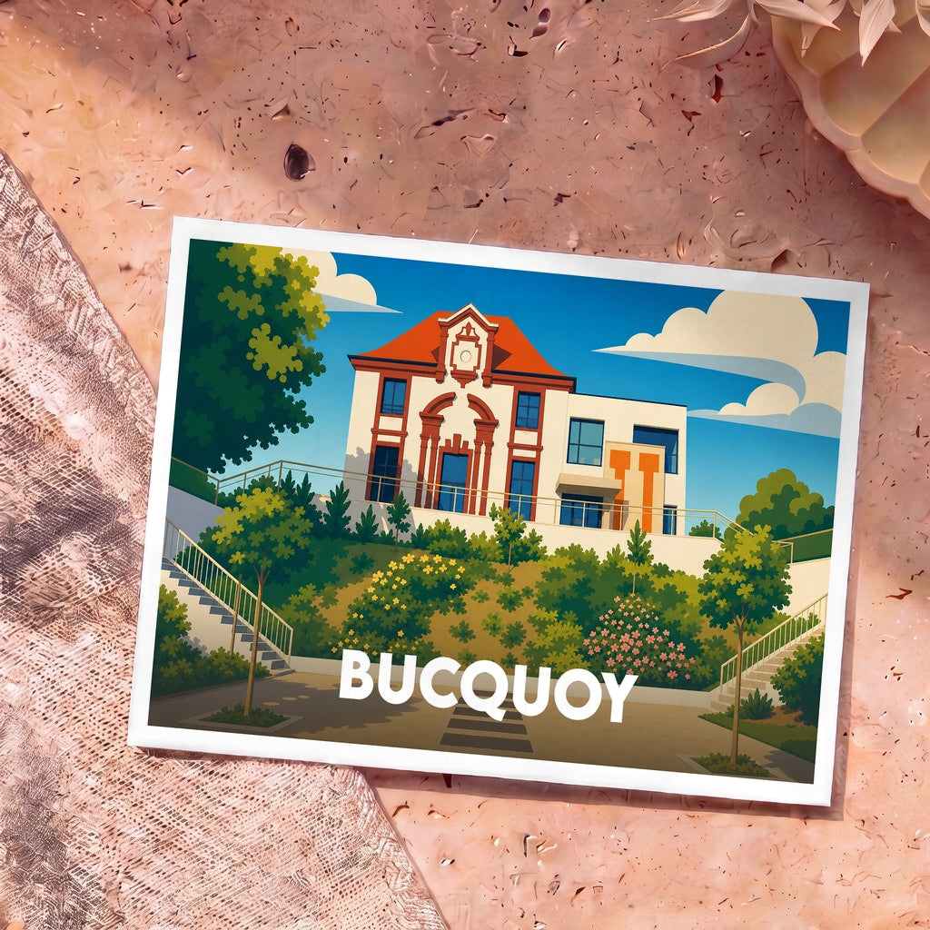 Carte postale souvenir de la ville de Bucquoy avec une illustration colorée et stylisée de son architecture.