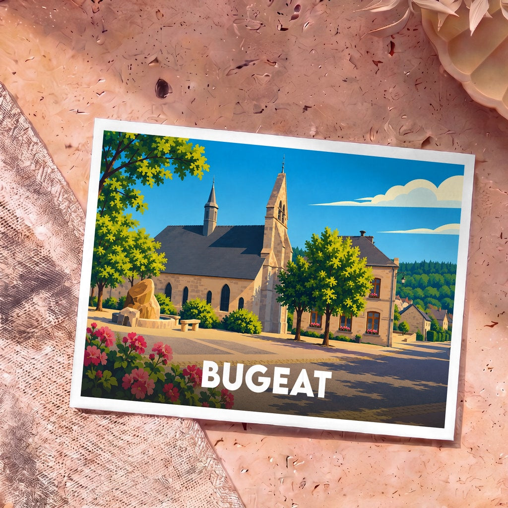 Carte postale souvenir de la ville de Bugeat illustrant son église et sa place centrale dans un style graphique épuré.