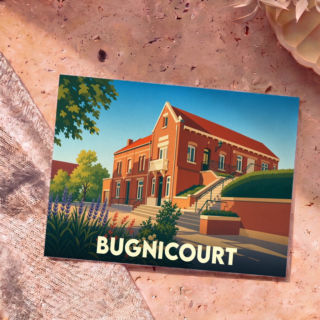 Carte postale souvenir de la ville de Bugnicourt avec une illustration stylisée de sa mairie.