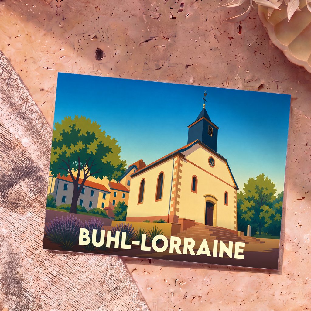Carte postale souvenir de la ville de Buhl-Lorraine avec une illustration stylisée de son église.