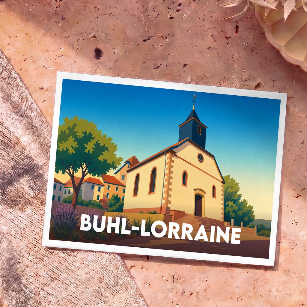 Carte postale souvenir de la ville de Buhl-Lorraine avec une illustration stylisée de son église.