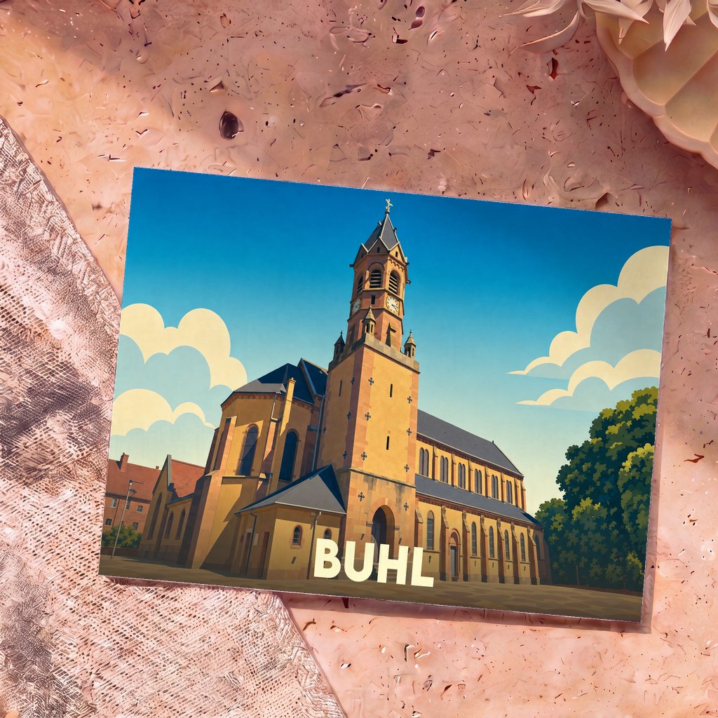 Carte postale souvenir de la ville de Buhl avec une illustration stylisée de son église sous un ciel bleu.