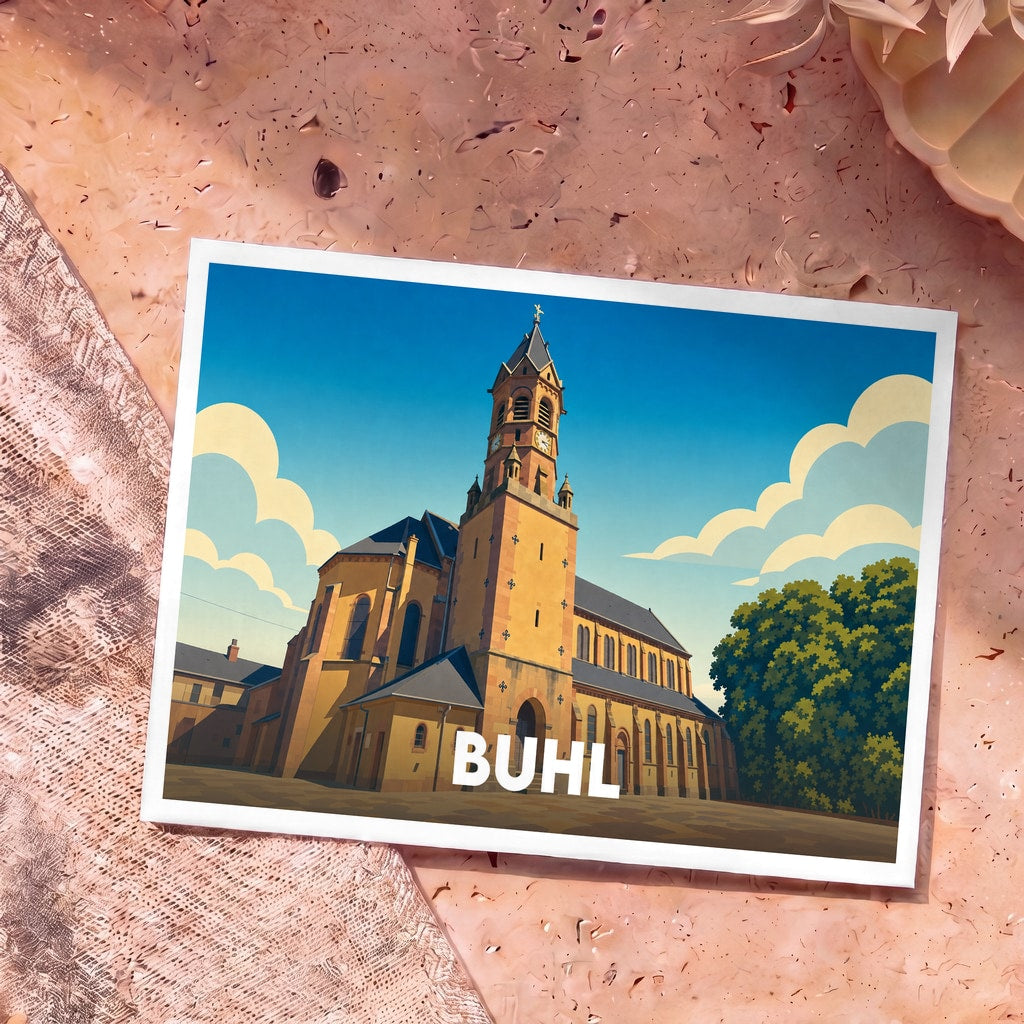 Carte postale souvenir de la ville de Buhl avec une illustration stylisée de son église sous un ciel bleu.