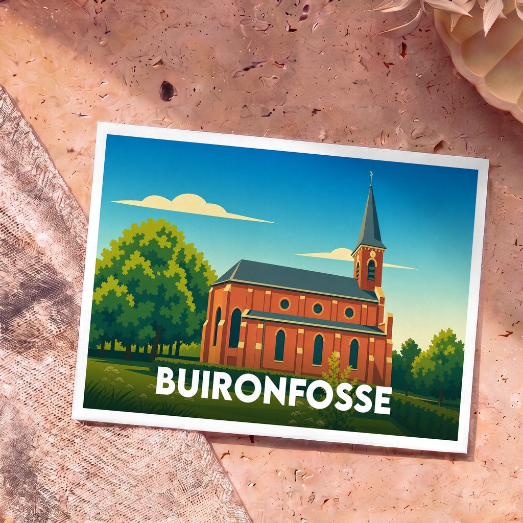 Carte postale souvenir de la ville de Buironfosse avec une illustration stylisée de son église.