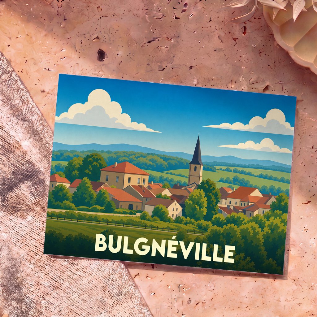 Carte postale souvenir de la ville de Bulgnéville avec une illustration stylisée de ses paysages et de son église.