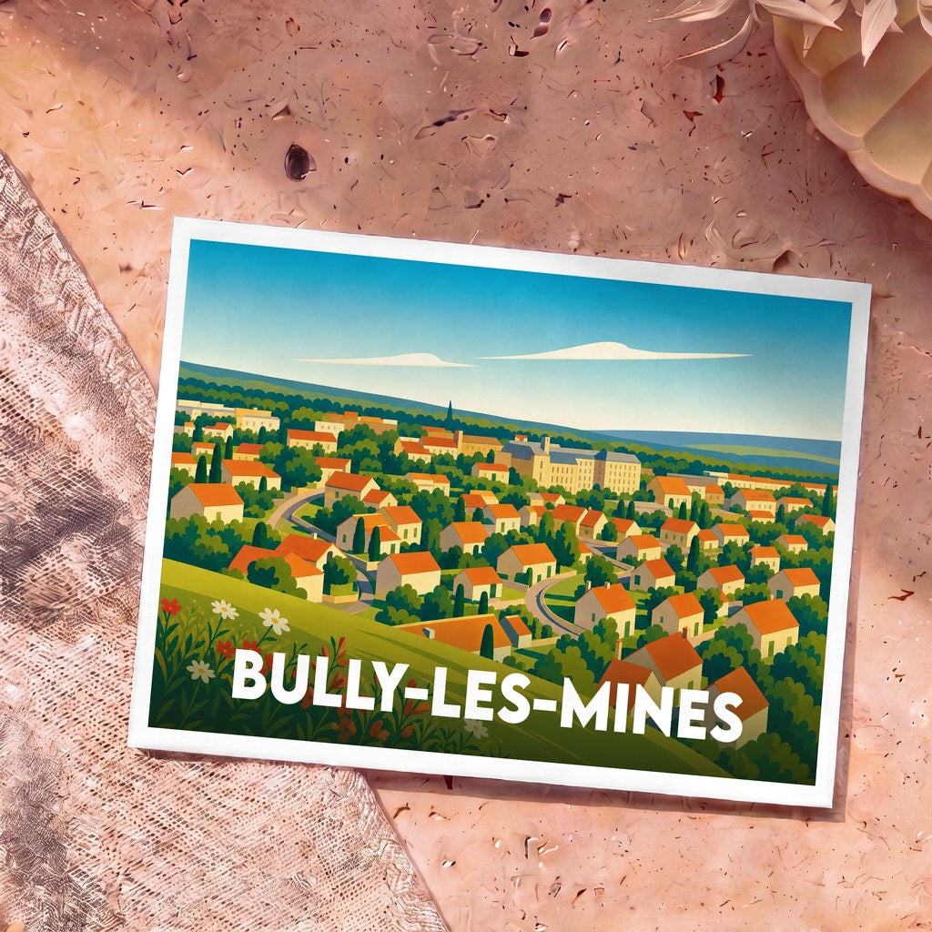 Carte postale souvenir de la ville de Bully-les-Mines avec une illustration stylisée d'un paysage urbain.