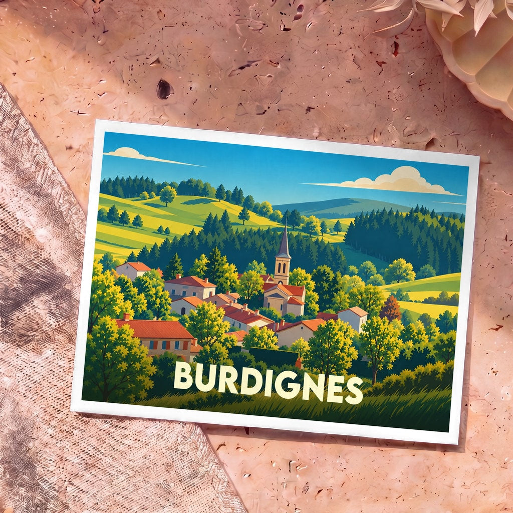 Carte postale souvenir de la ville de Burdignes illustrant un village vallonné dans un style graphique épuré.