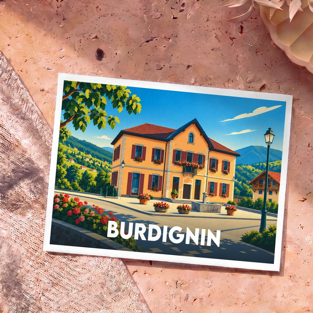 Carte postale souvenir de la ville de Burdignin avec une illustration stylisée d'une maison de montagne.