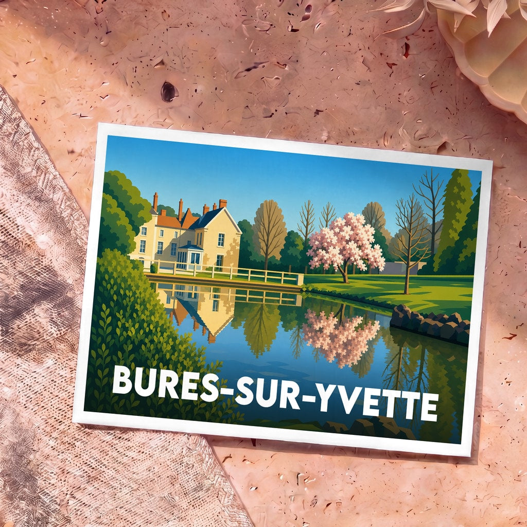 Carte postale souvenir de la ville de Bures-sur-Yvette avec une illustration stylisée d'un manoir se reflétant dans l'eau.
