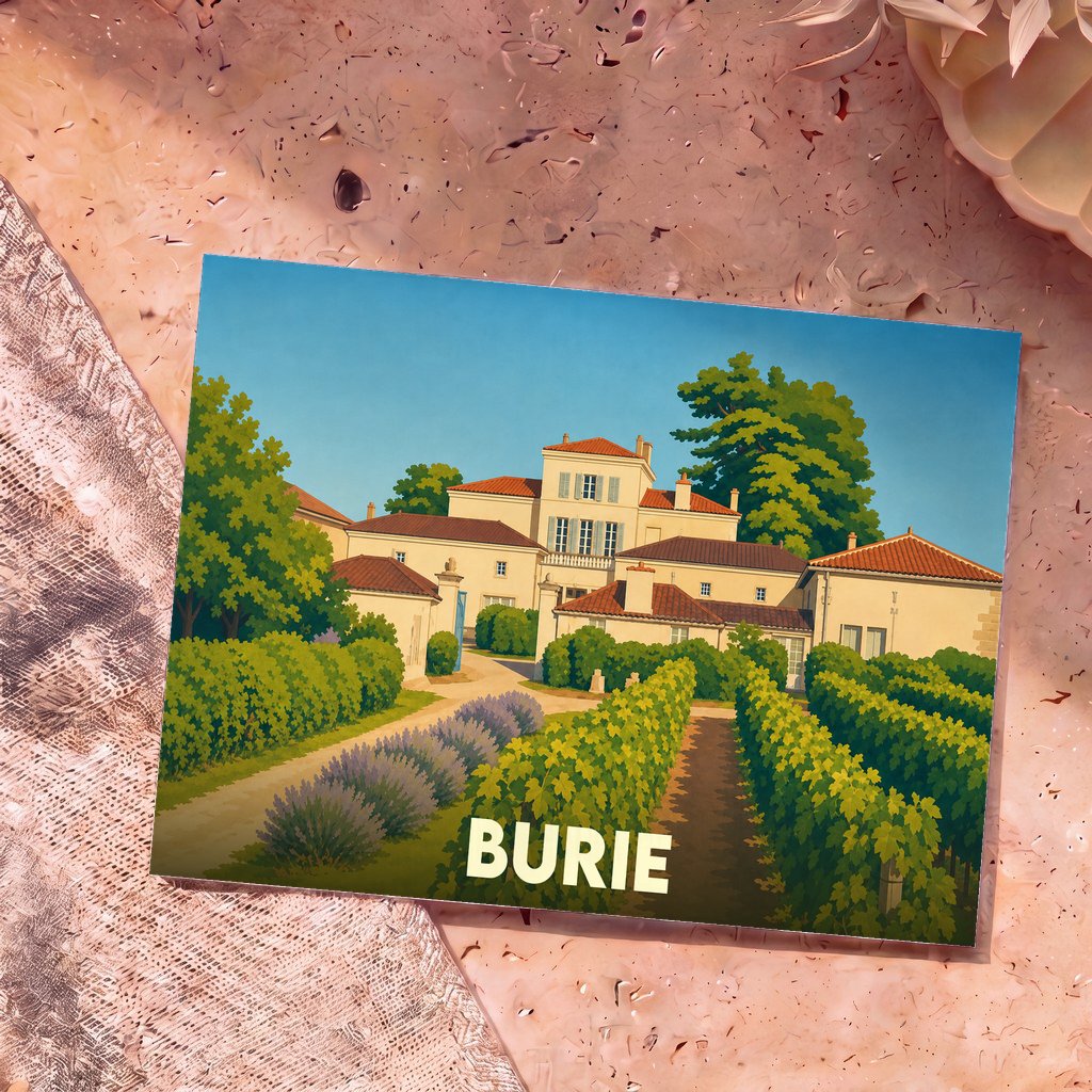 Carte postale souvenir de la ville de Burie illustrant une propriété viticole dans un style graphique épuré.