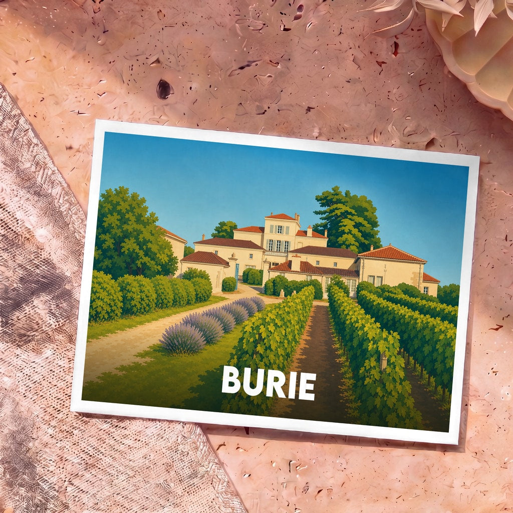 Carte postale souvenir de la ville de Burie illustrant une propriété viticole dans un style graphique épuré.