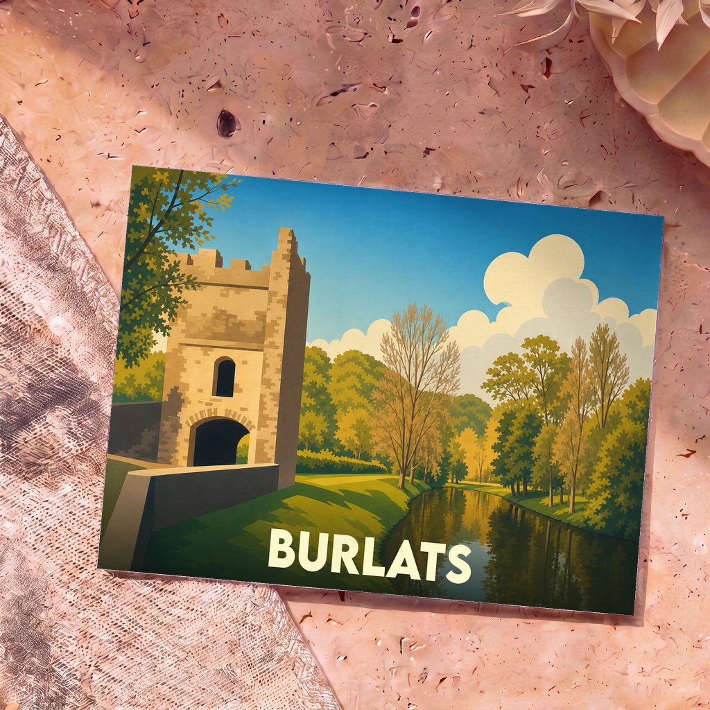 Carte postale souvenir de la ville de Burlats avec une illustration stylisée montrant la tour médiévale au bord de l'eau.