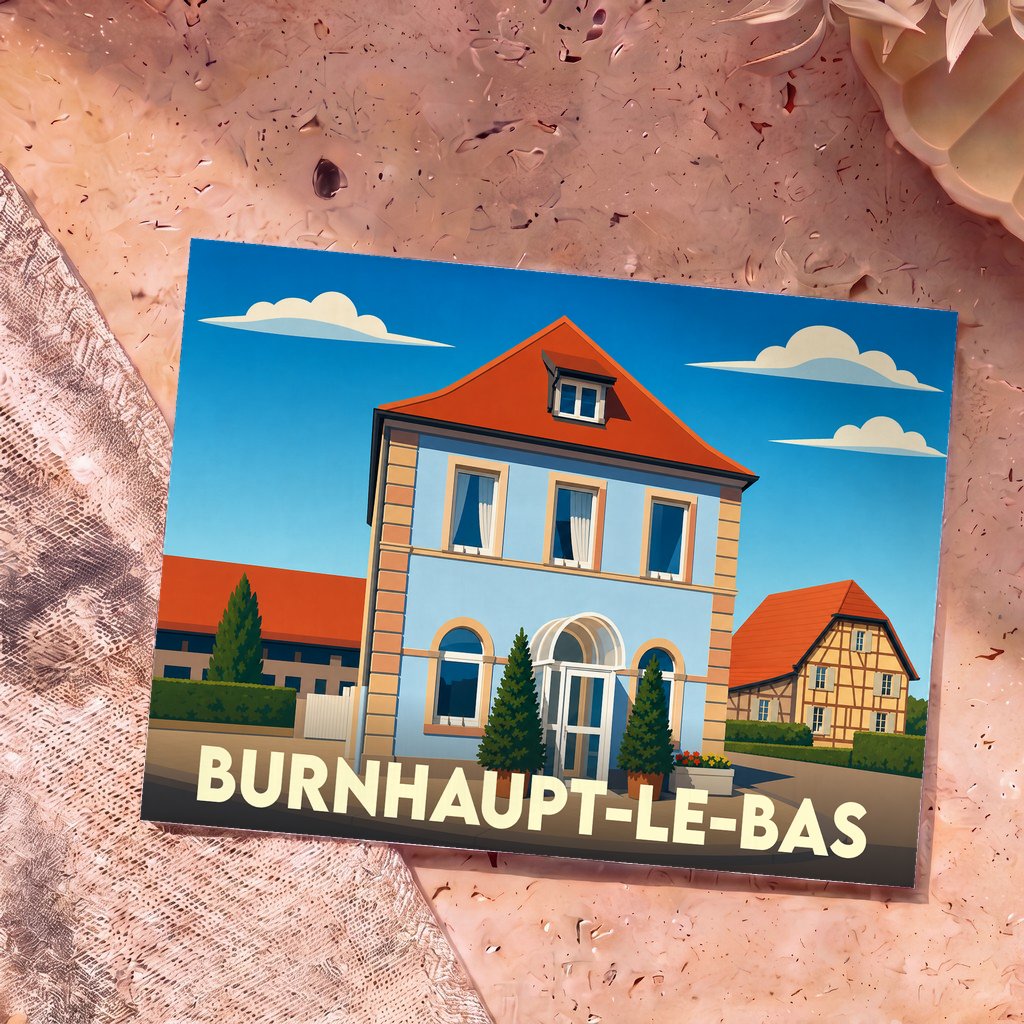 Carte postale souvenir de Burnhaupt-le-Bas avec une illustration stylisée de son architecture locale.