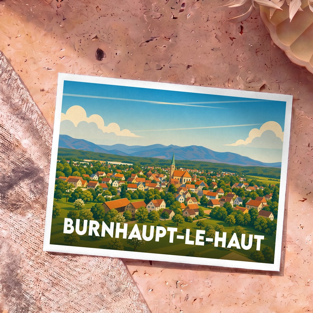 Carte postale souvenir de Burnhaupt-le-Haut avec une illustration panoramique de la ville.