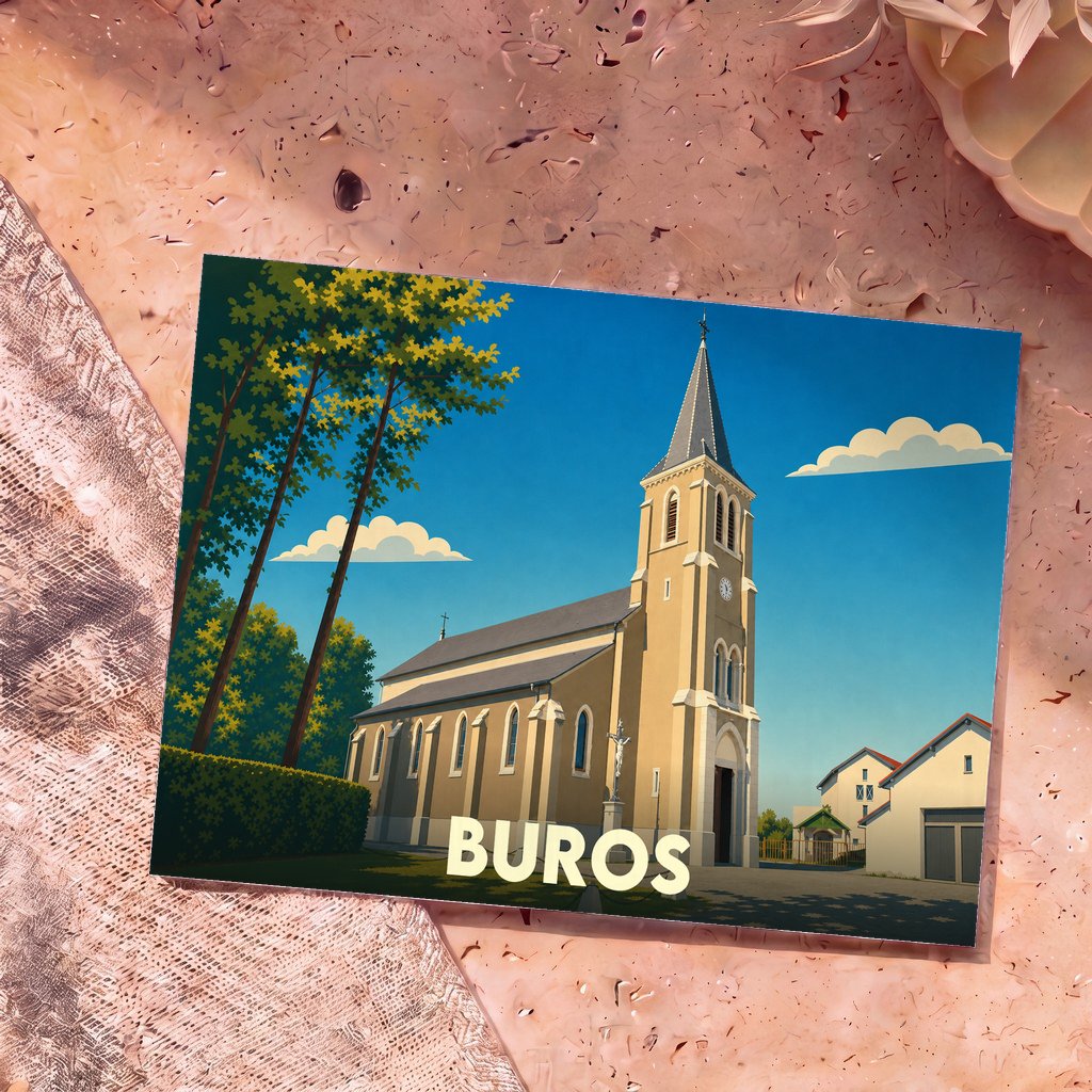 Carte postale souvenir de la ville de Buros avec une illustration stylisée de son église sous un ciel bleu.