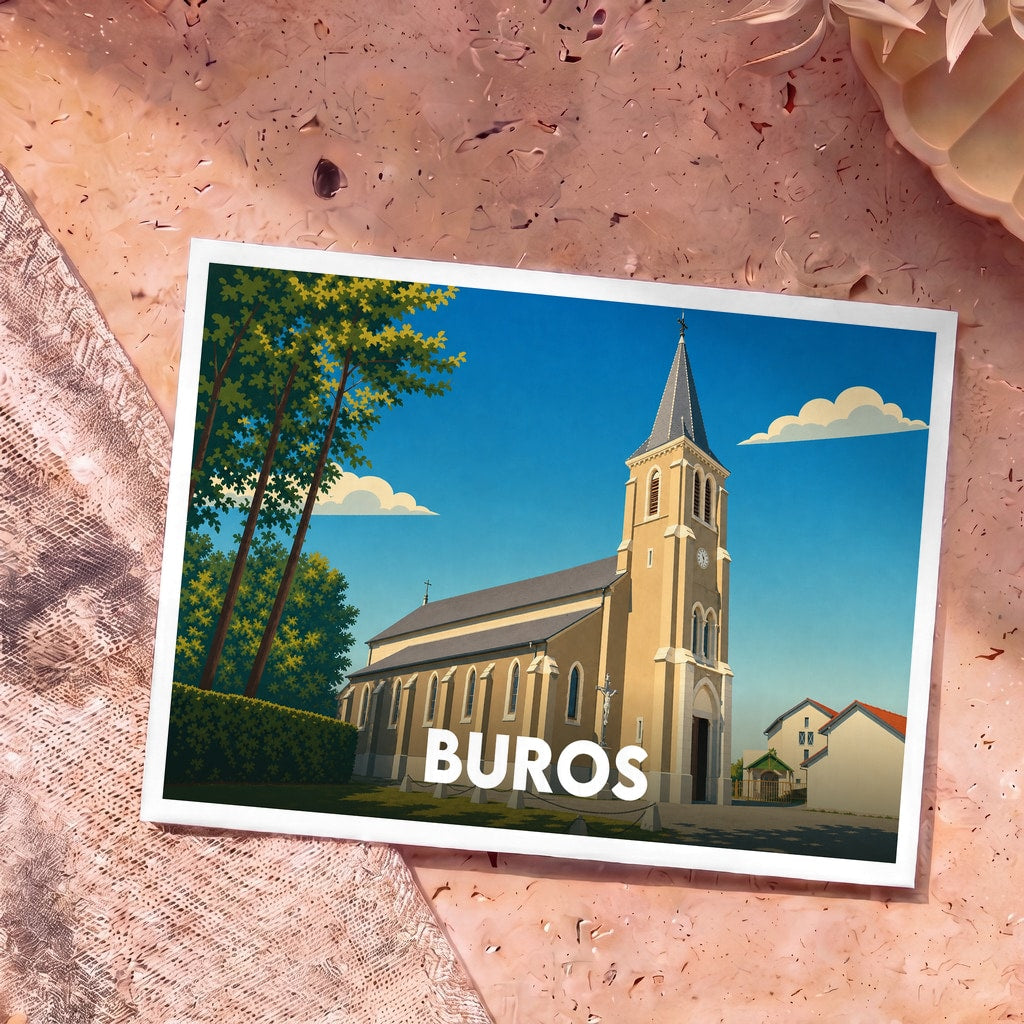 Carte postale souvenir de la ville de Buros avec une illustration stylisée de son église sous un ciel bleu.