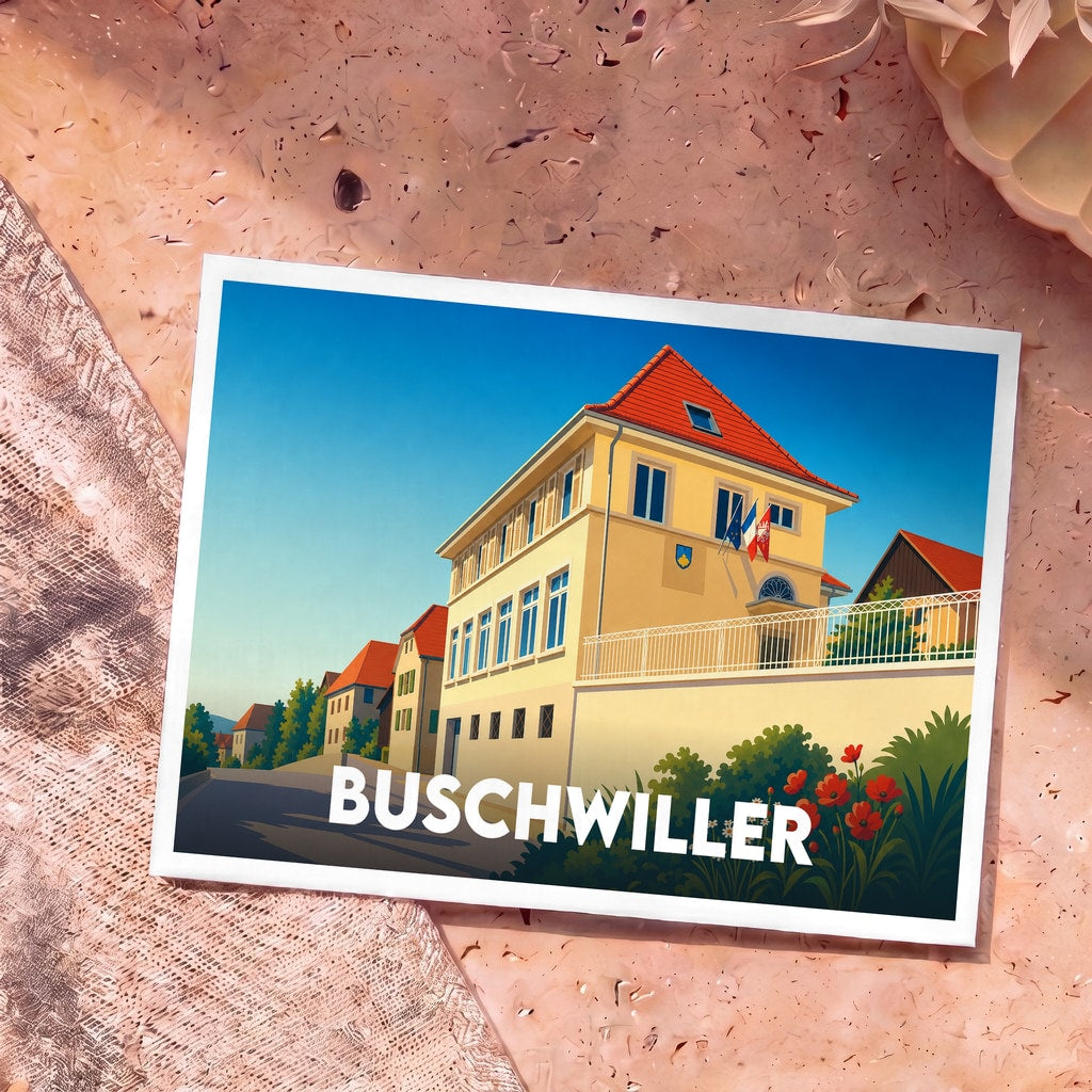 Carte postale souvenir de la ville de Buschwiller avec une illustration stylisée.