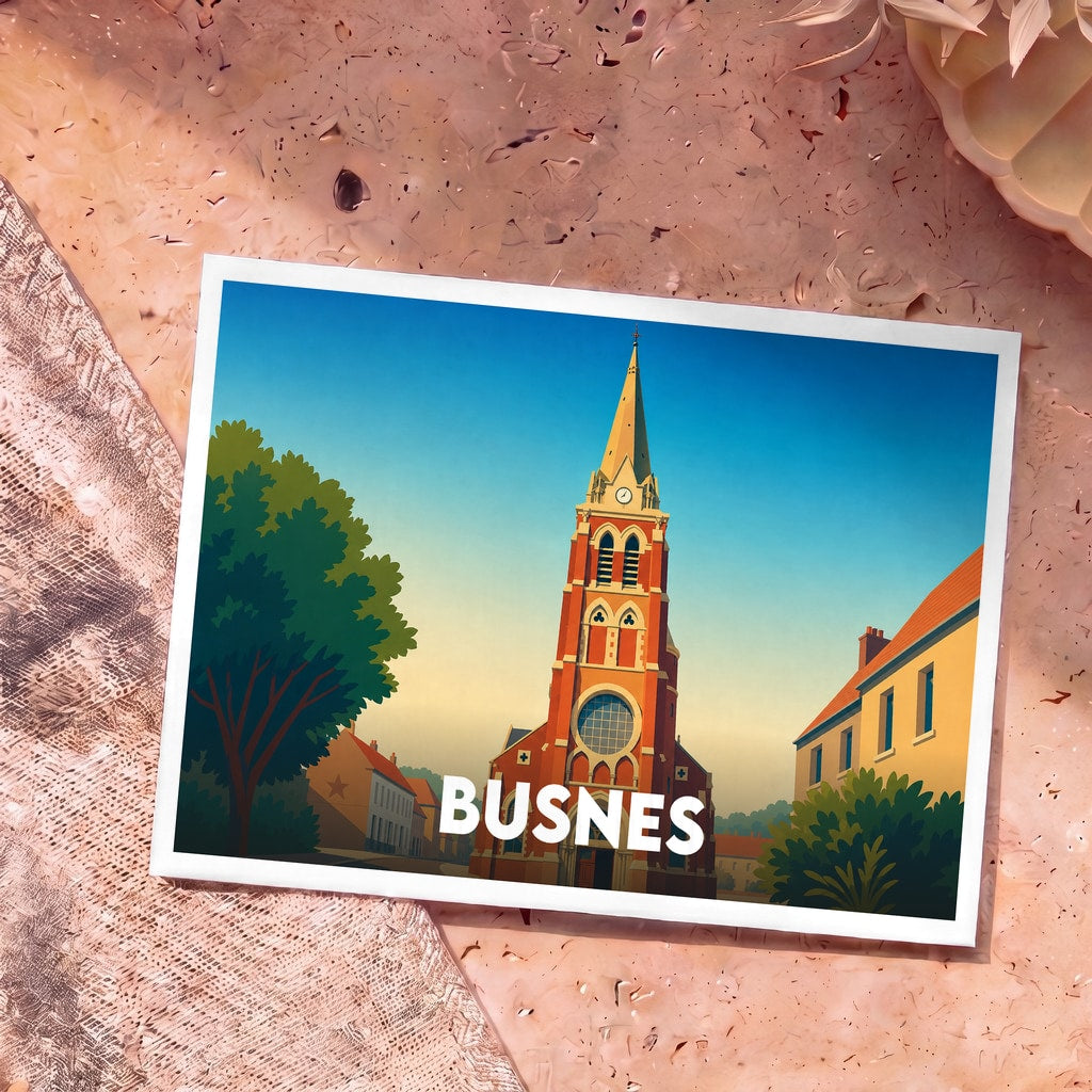 Carte postale souvenir de la ville de Busnes avec une illustration stylisée de son église.