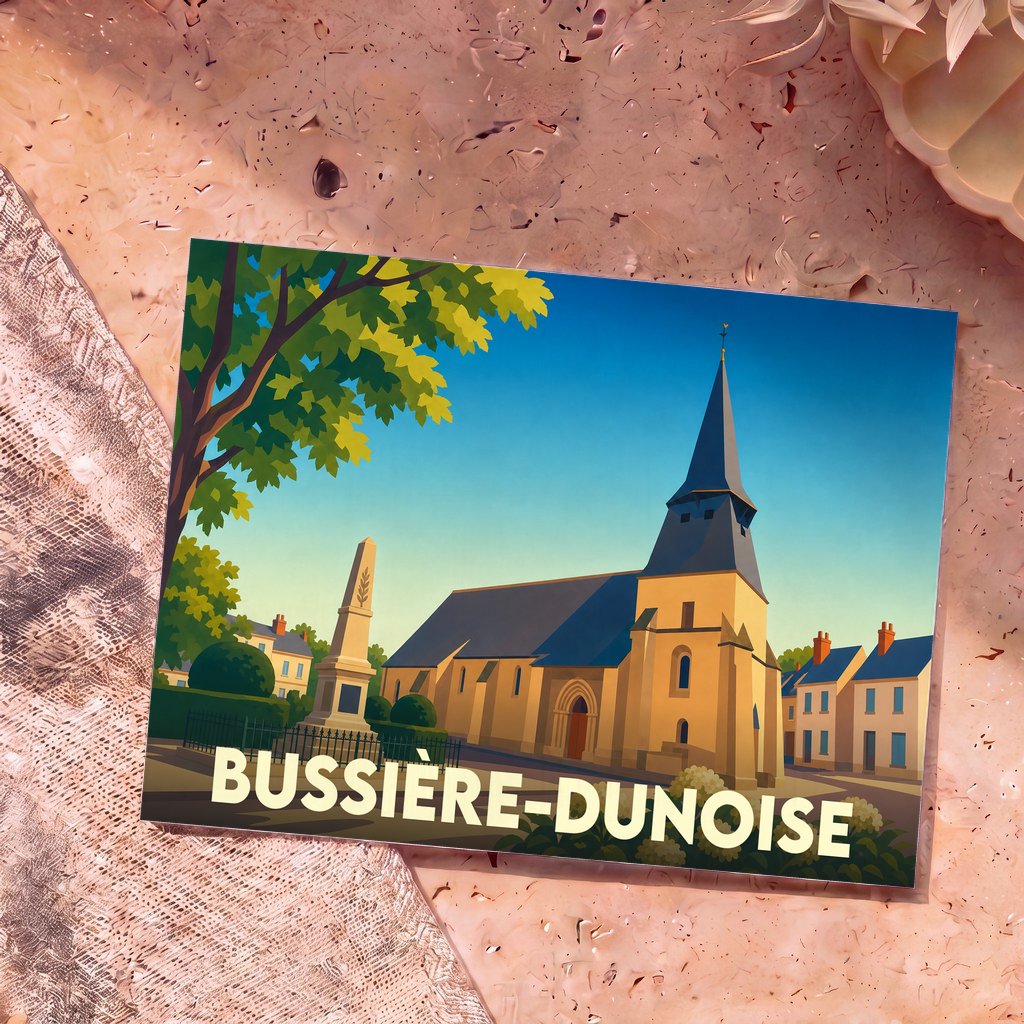 Carte postale souvenir de la ville de Bussière-Dunoise avec une illustration stylisée de son église et d'un monument.