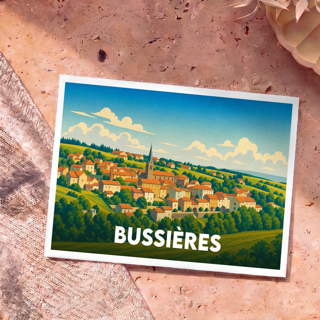 Carte postale souvenir de la ville de Bussières avec une illustration stylisée de ses maisons et de son clocher.