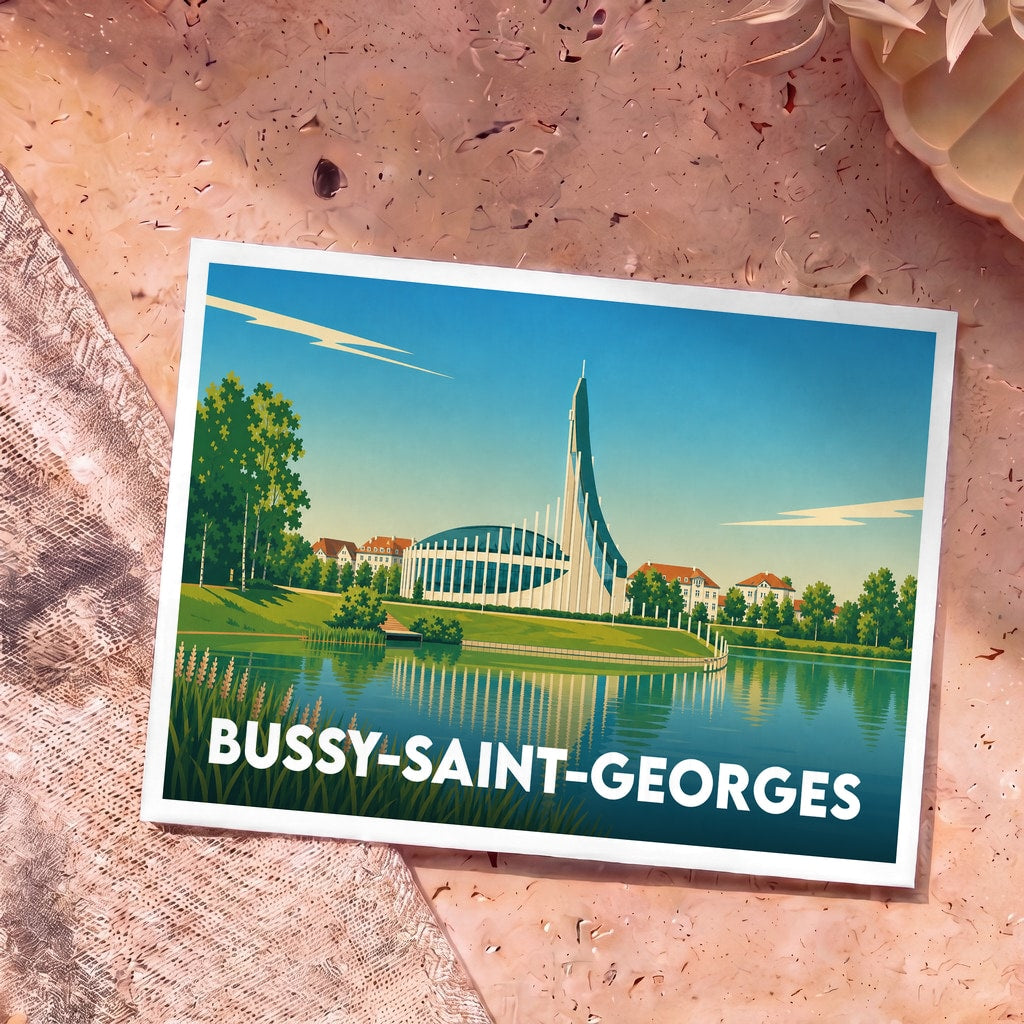 Carte postale souvenir de la ville de Bussy-Saint-Georges avec une illustration stylisée et colorée de son architecture moderne au bord de l'eau.