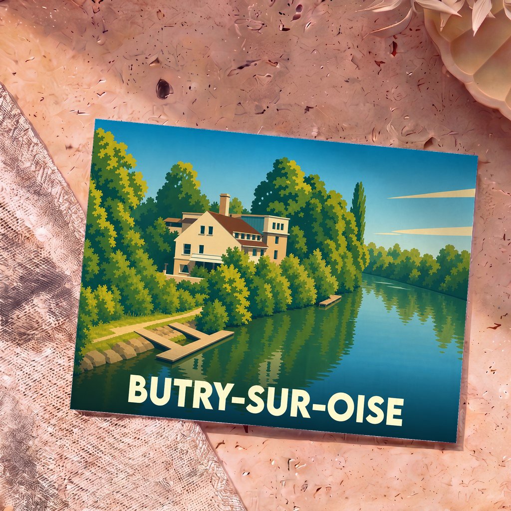 Carte postale souvenir de la ville de Butry-sur-Oise avec une illustration stylisée d'une maison en bord de rivière.
