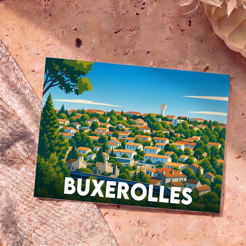 Carte postale souvenir de la ville de Buxerolles avec une illustration stylisée.