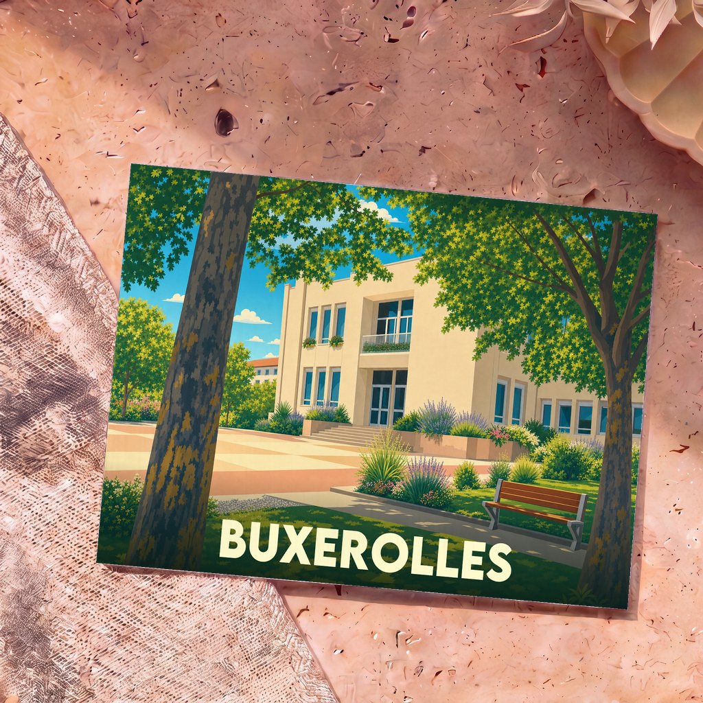 Carte postale souvenir de la ville de Buxerolles illustrant son hôtel de ville dans un style graphique et coloré.