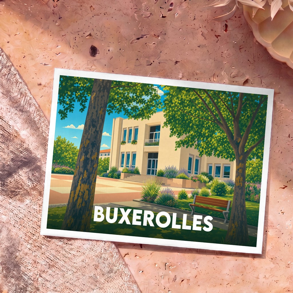 Carte postale souvenir de la ville de Buxerolles illustrant son hôtel de ville dans un style graphique et coloré.
