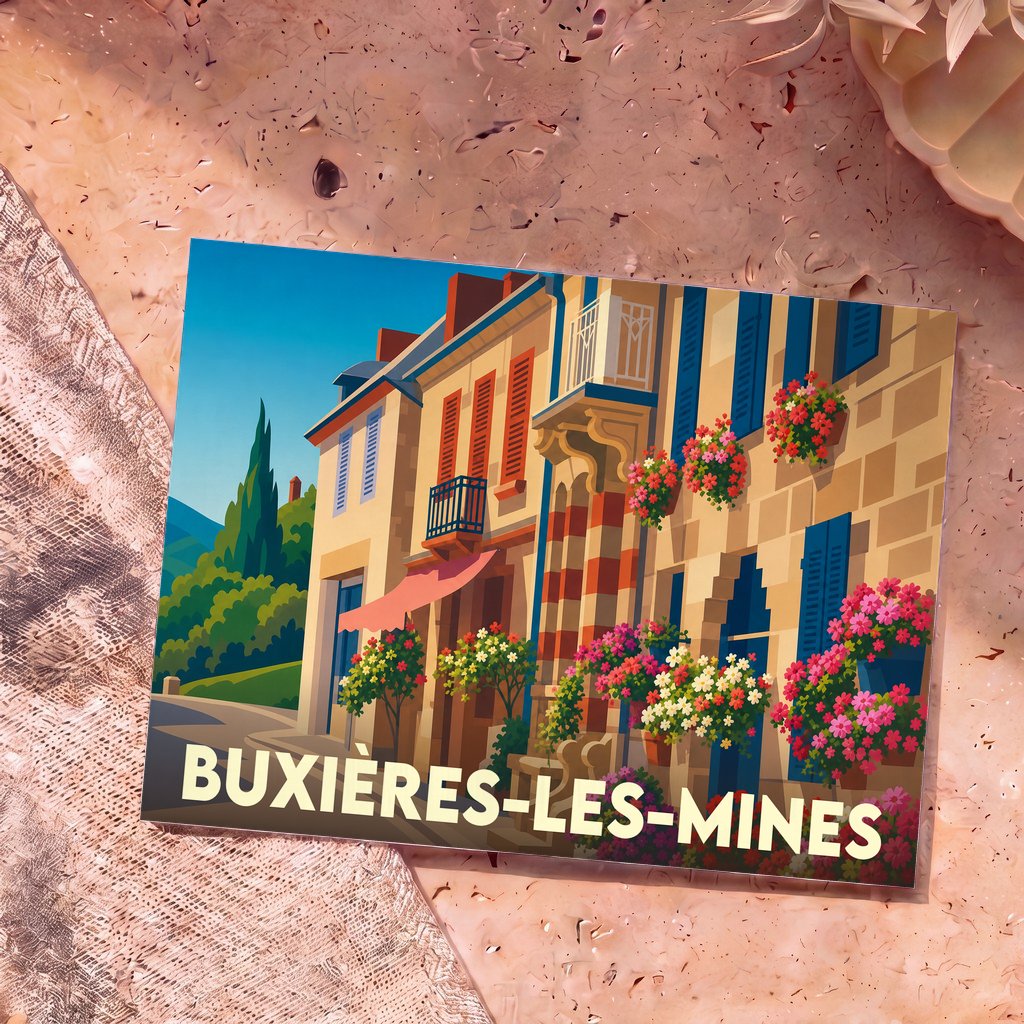 Carte postale souvenir de la ville de Buxières-les-Mines avec une illustration stylisée et colorée de façades fleuries.