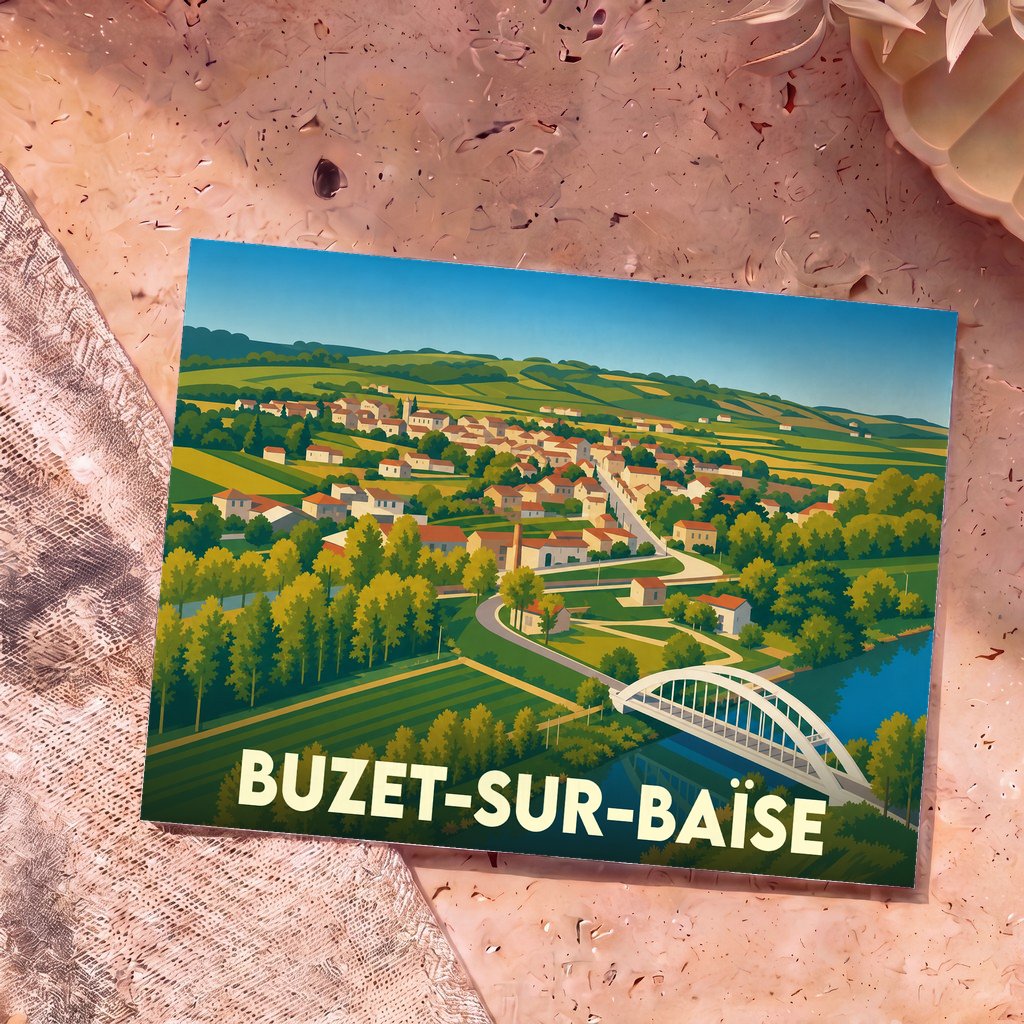 Carte postale souvenir de la ville de Buzet-sur-Baïse présentant une illustration colorée et stylisée de ses paysages.