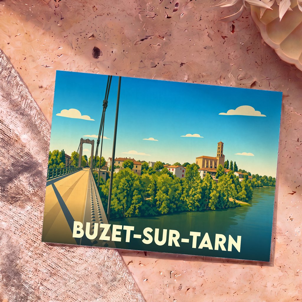 Carte postale souvenir de la ville de Buzet-sur-Tarn avec une illustration stylisée du pont et de l'église au bord de l'eau.