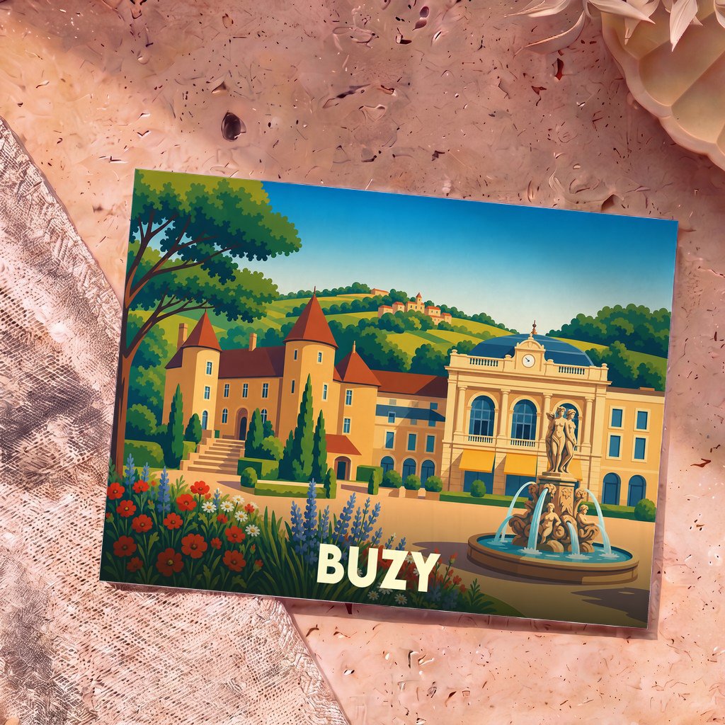 Carte postale souvenir de la ville de Buzy avec une illustration stylisée d'un château et d'une fontaine.