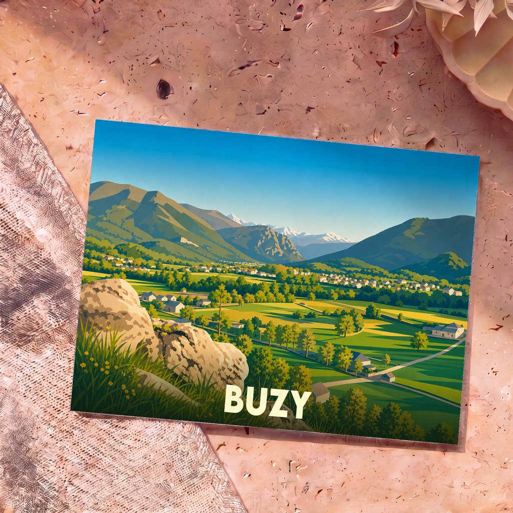 Carte postale souvenir de la ville de Buzy avec une illustration stylisée d'un paysage montagneux.