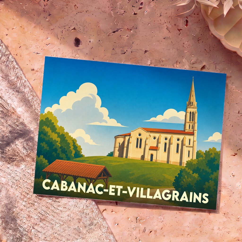 Carte postale souvenir de Cabanac-et-Villagrains arborant une illustration stylisée de son église et de son paysage.
