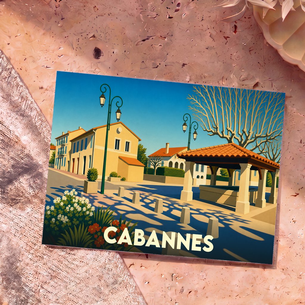 Carte postale souvenir de la ville de Cabannes avec une illustration stylisée et colorée.