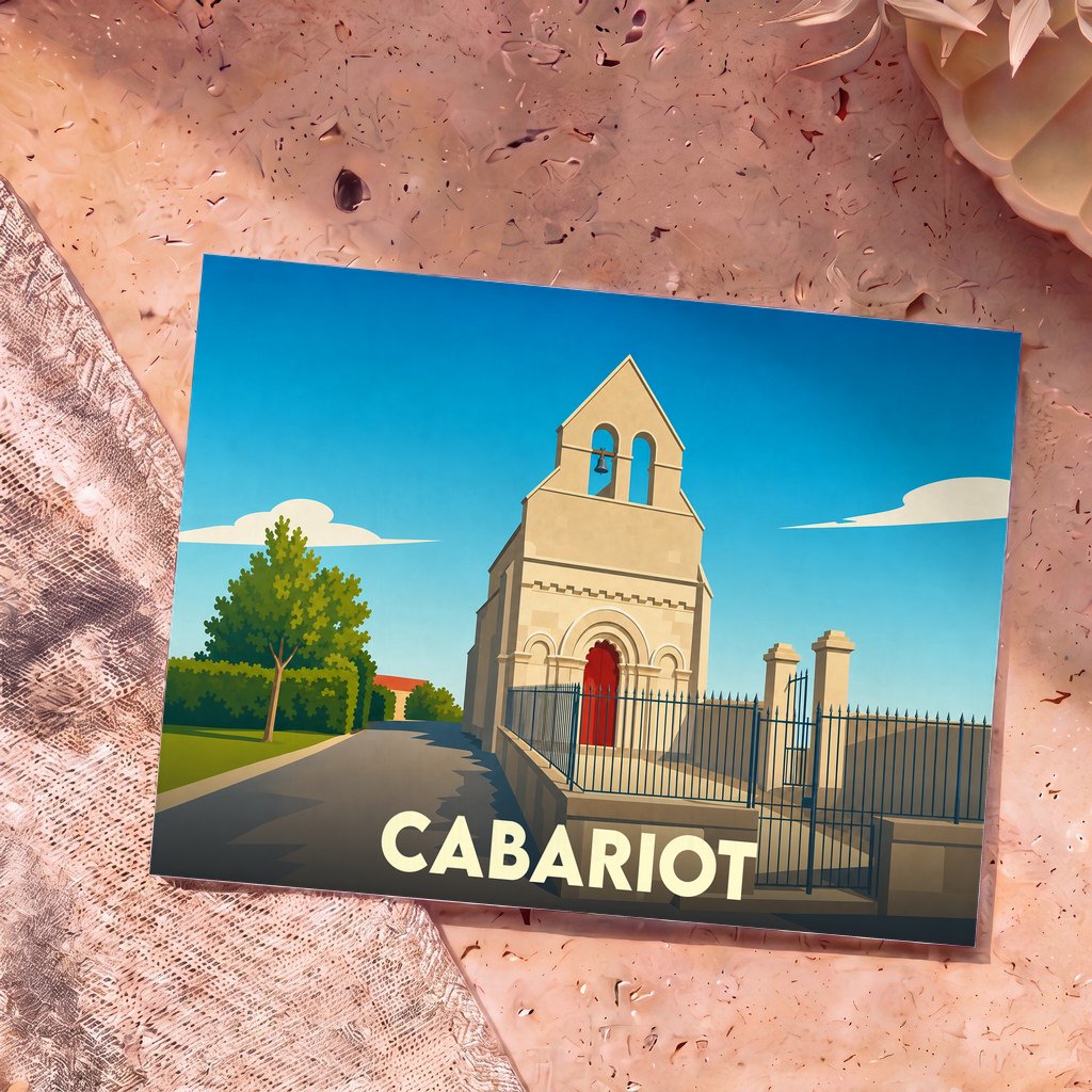Carte postale souvenir de la ville de Cabariot avec une illustration stylisée de son église.