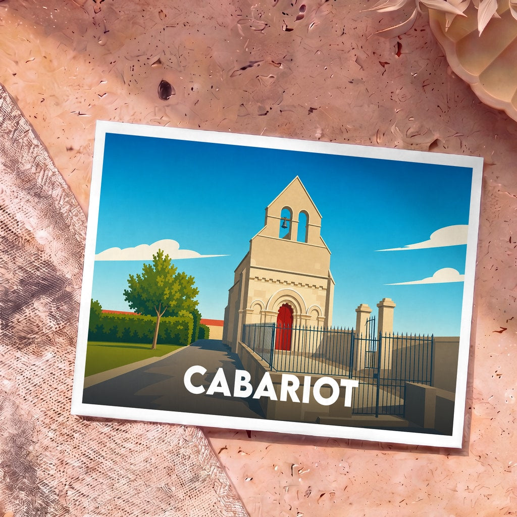 Carte postale souvenir de la ville de Cabariot avec une illustration stylisée de son église.