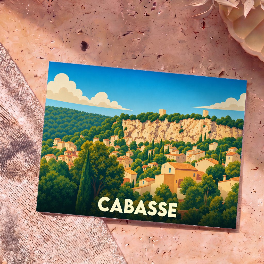 Carte postale souvenir de la ville de Cabasse avec une illustration stylisée d'un village provençal.