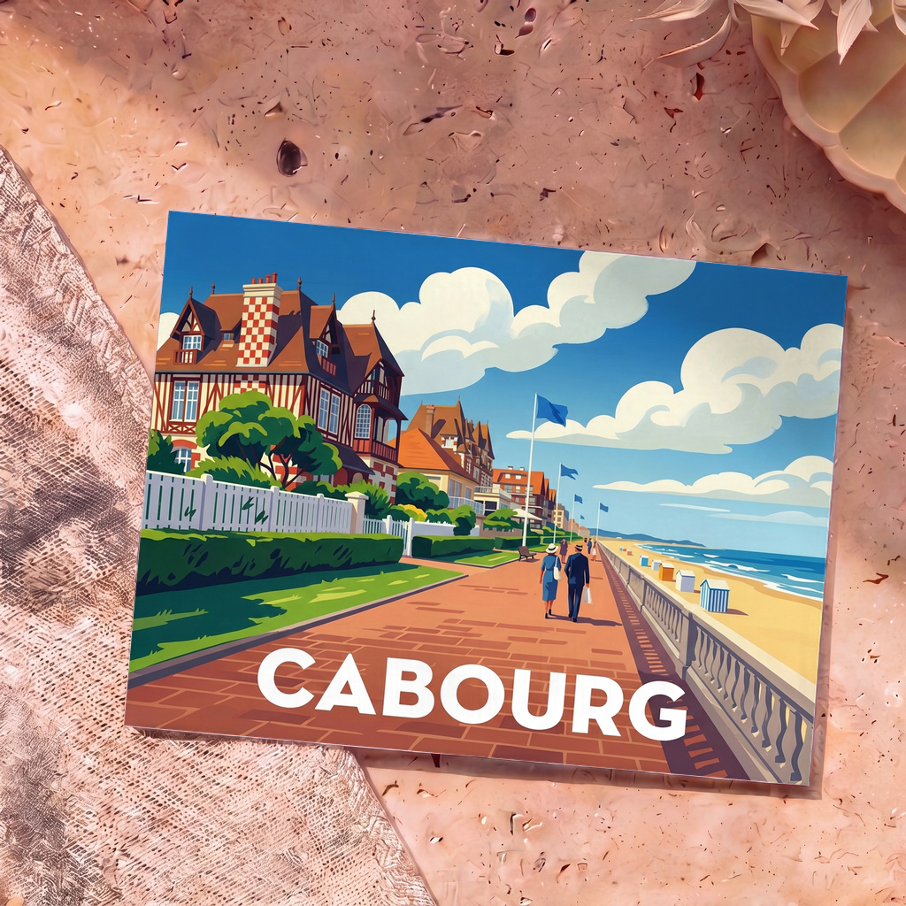 Carte postale souvenir de la ville de Cabourg avec une illustration stylisée de sa promenade en bord de mer.