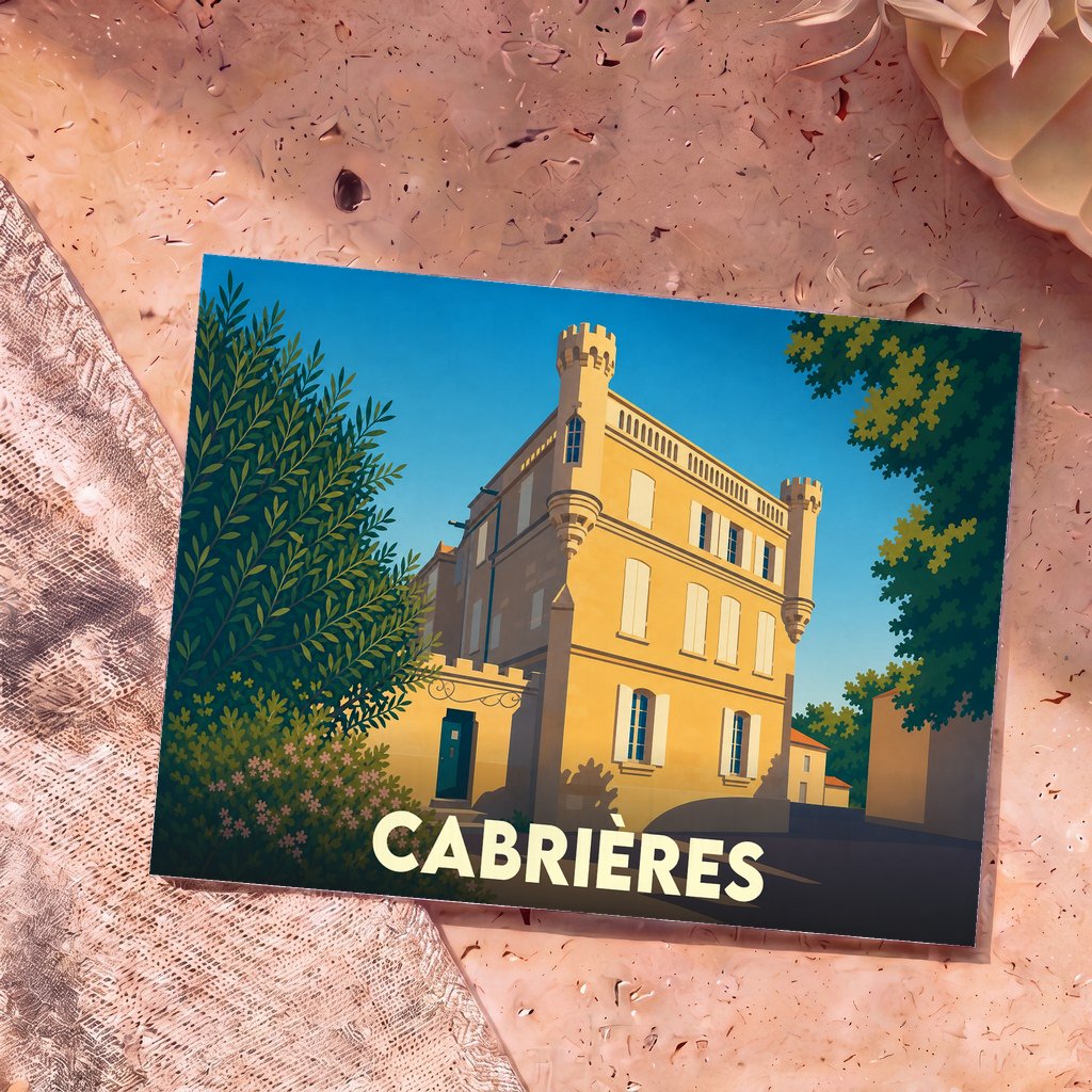 Carte postale souvenir de la ville de Cabrières avec une illustration stylisée d'une bâtisse provençale aux allures de château.