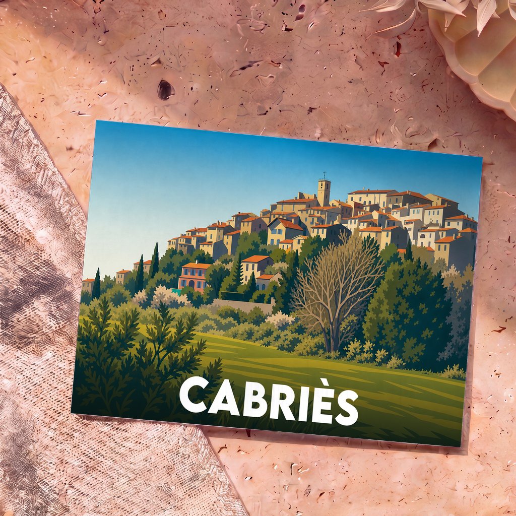 Carte postale souvenir de la ville de Cabriès illustrant son village perché avec un style graphique épuré.