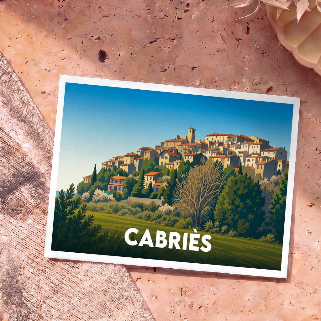 Carte postale souvenir de la ville de Cabriès illustrant son village perché avec un style graphique épuré.