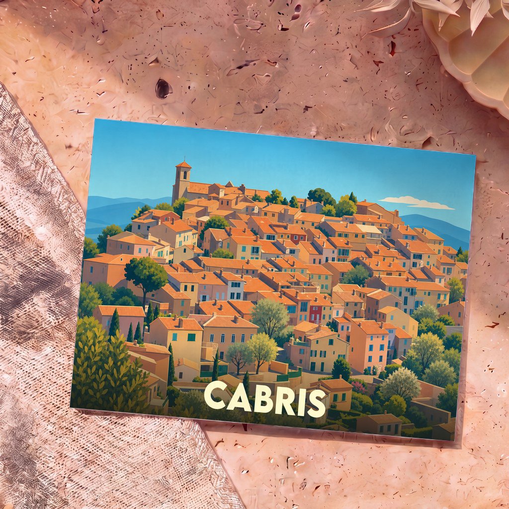 Carte postale souvenir de la ville de Cabris illustrant son village perché aux toits de tuiles orangées dans un style graphique épuré.