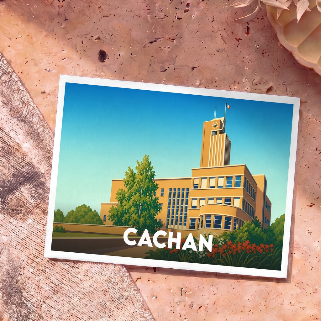 Carte postale souvenir de la ville de Cachan avec une illustration stylisée de son hôtel de ville.