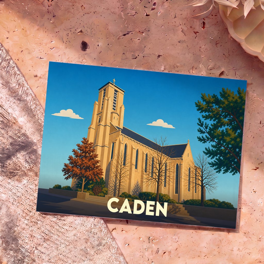 Carte postale souvenir de la ville de Caden avec une illustration stylisée de son église sous un ciel bleu.