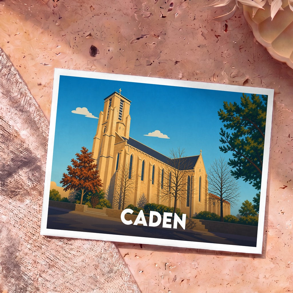 Carte postale souvenir de la ville de Caden avec une illustration stylisée de son église sous un ciel bleu.