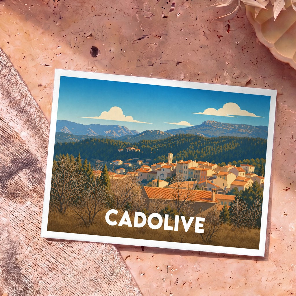 Carte postale souvenir de la ville de Cadolive avec une illustration stylisée d'un village provençal niché dans les collines.