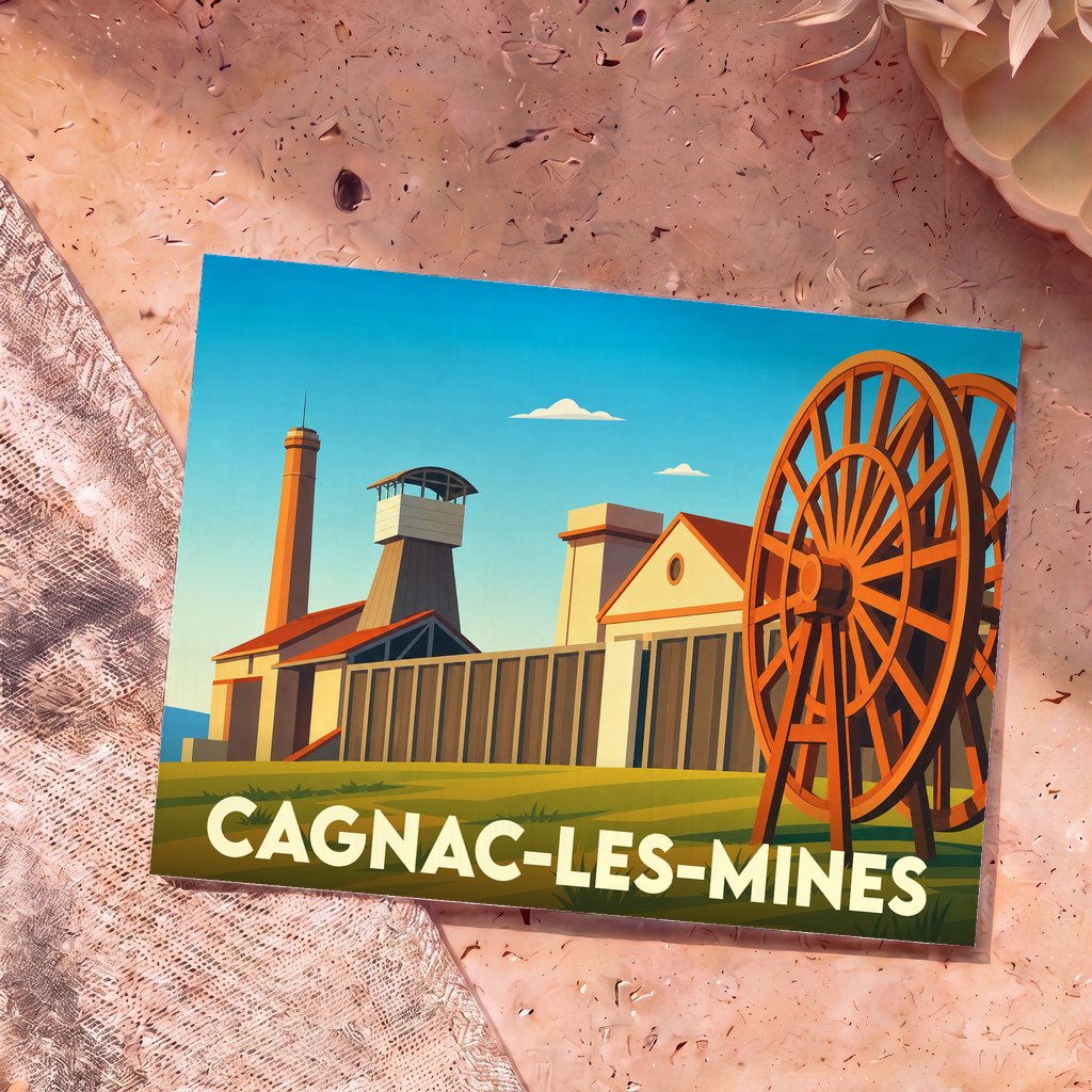 Carte postale souvenir de la ville de Cagnac-les-Mines avec une illustration stylisée de son patrimoine minier.